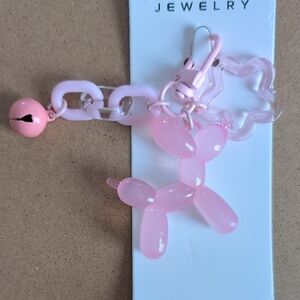 Glossy Pink Balloon Dog Keychain with Bell & Flower Link